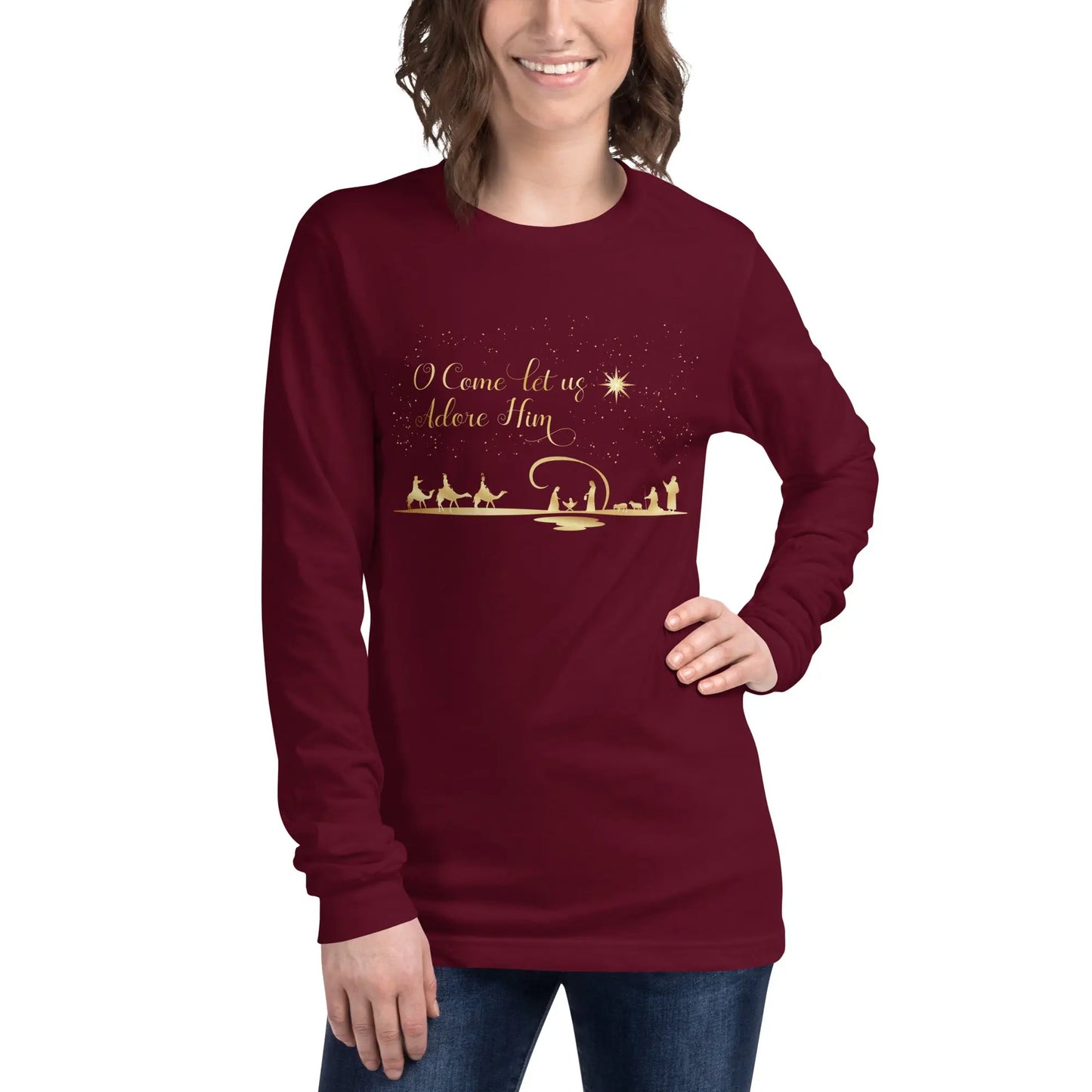 O Come Let Us Adore Him Unisex Long Sleeve Tee, Christmas Shirt Amazing Faith Designs