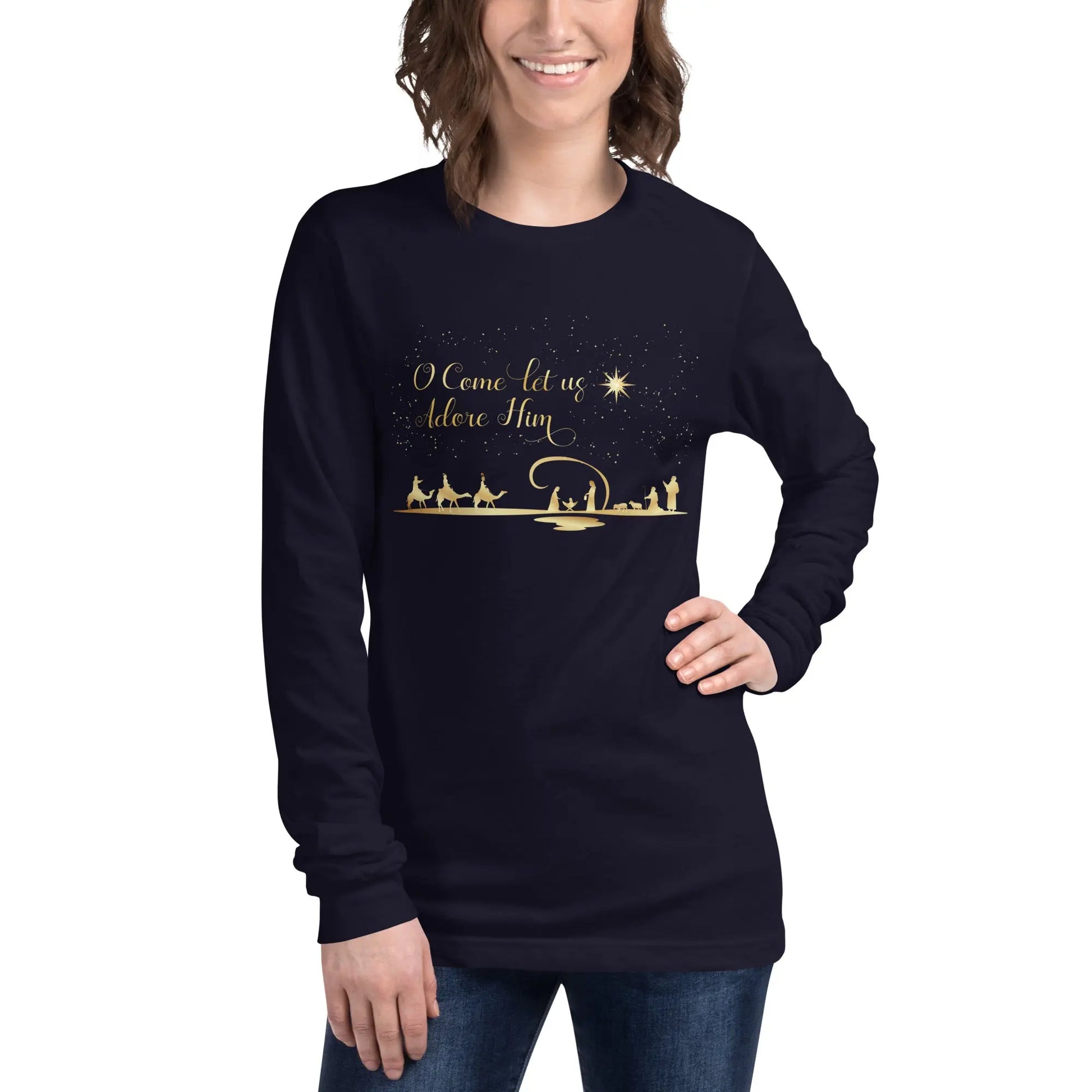 O Come Let Us Adore Him Unisex Long Sleeve Tee, Christmas Shirt Amazing Faith Designs