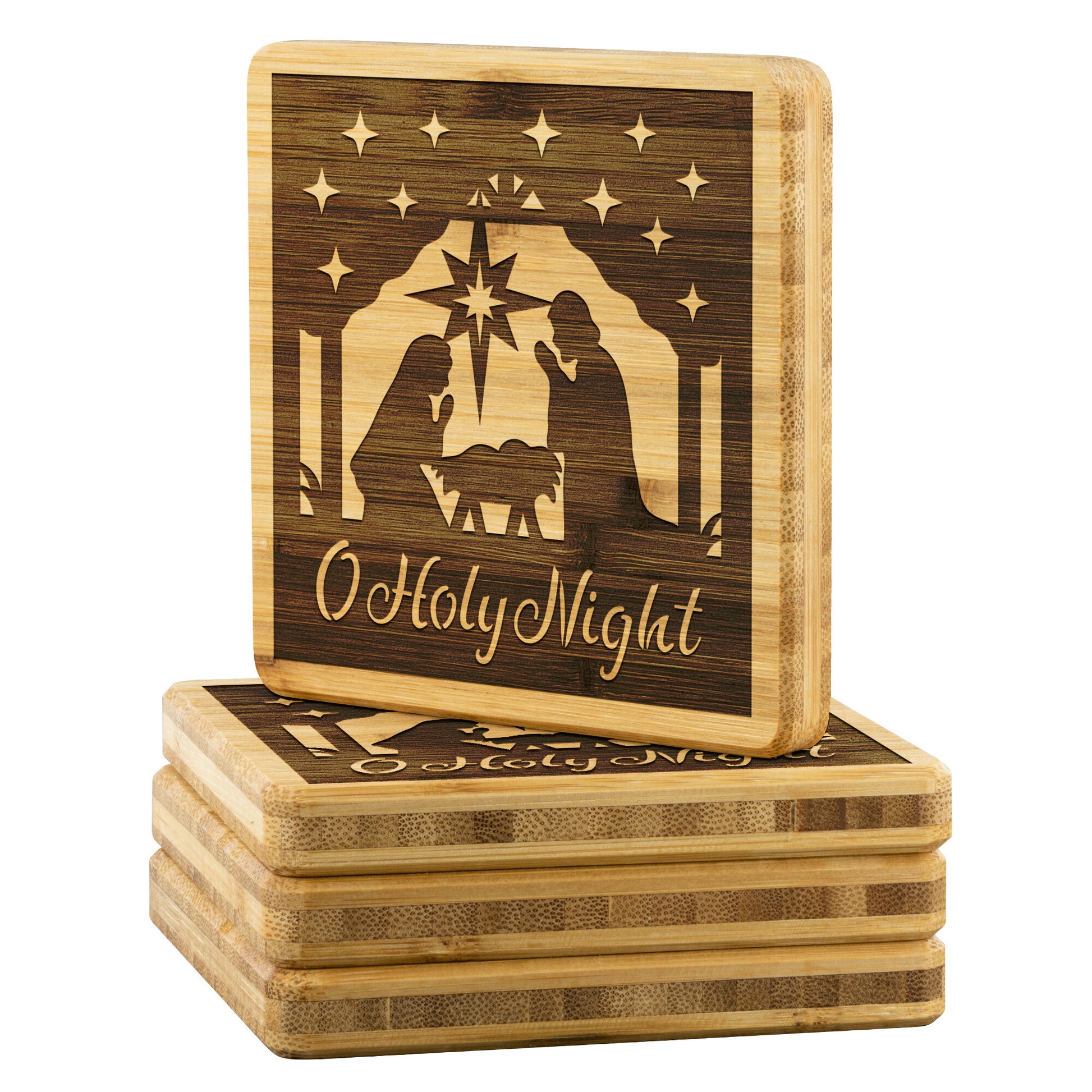 O Holy Night Nativity Bamboo Coasters - Set of 4, Christmas Coasters teelaunch