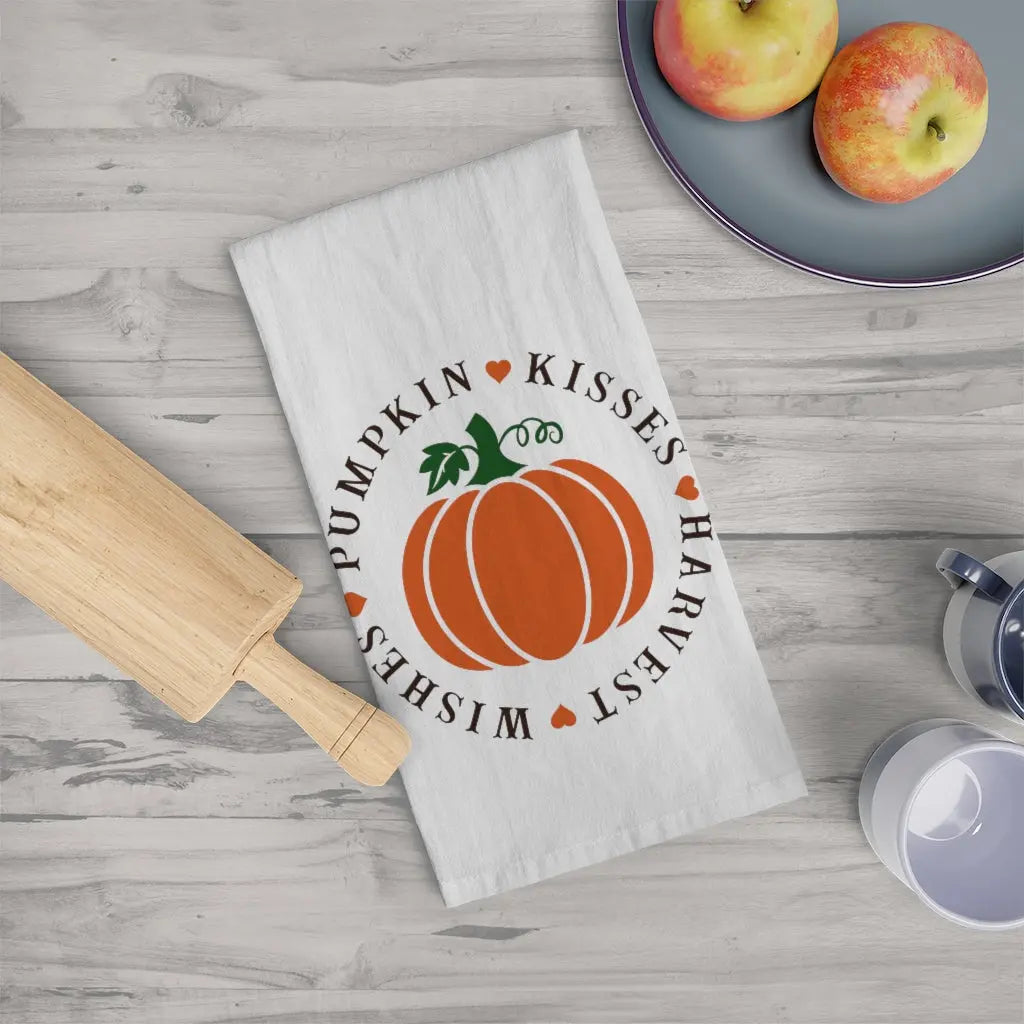 Pumpkin Kisses Harvest Wishes Tea Towel, Fall Kitchen Towel, October, Halloween, Pumpkin Dish Towel, Cute Autumn Kitchen Towel Printify