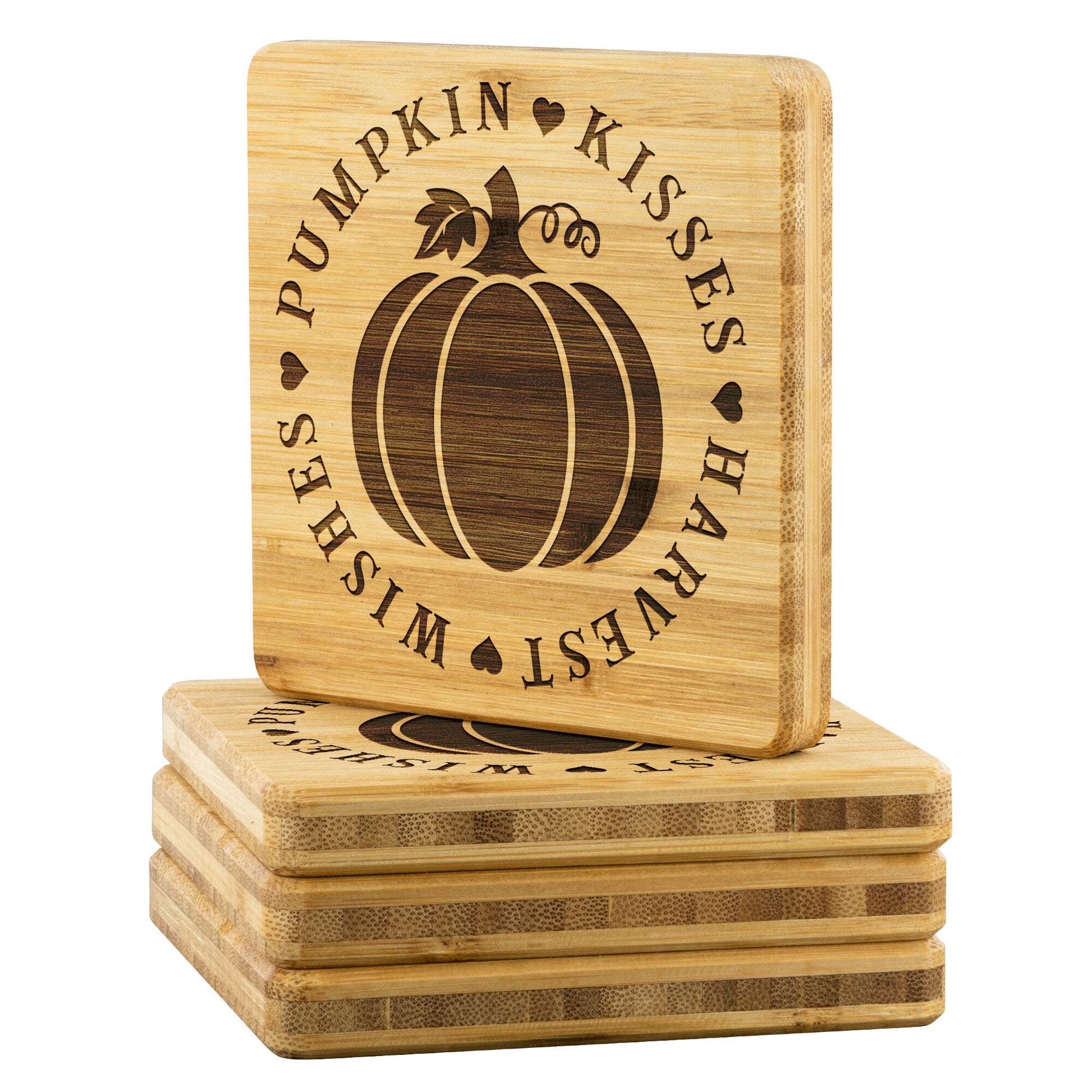 Pumpkin Wishes Harvest Kisses Bamboo Coasters - Set of 4, Cute Fall Gift, Pumpkin Coasters teelaunch