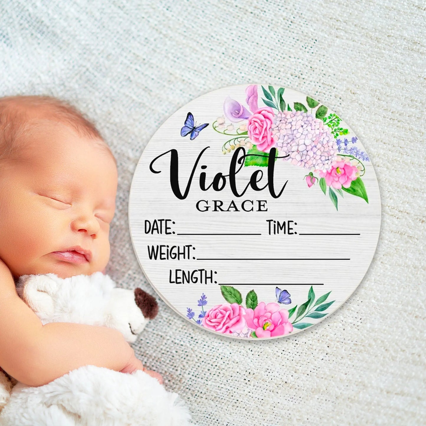 Purple Floral Birth Stats Round Wood Baby Name Sign Amazing Faith Designs