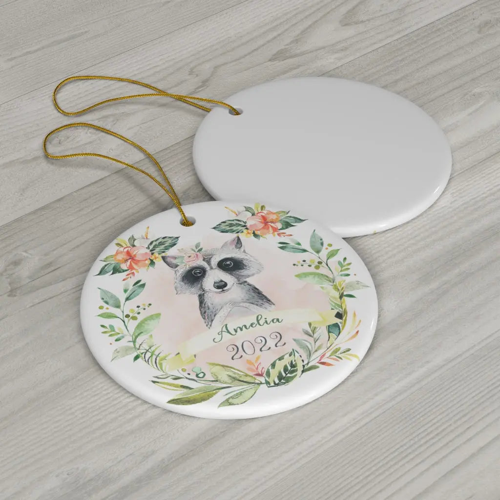 Raccoon Girls Personalized Ceramic Ornament, Woodland Animals Ornament Printify