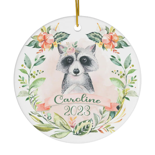 Raccoon Girls Personalized Ceramic Ornament, Woodland Animals Ornament Printify
