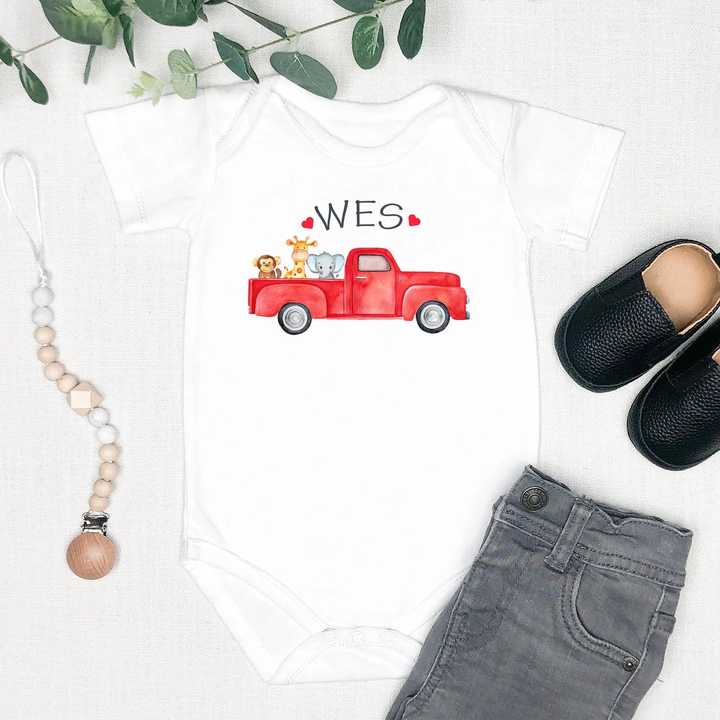 Red Pickup Truck Personalized with Animals Infant Bodysuit Onesie Printify