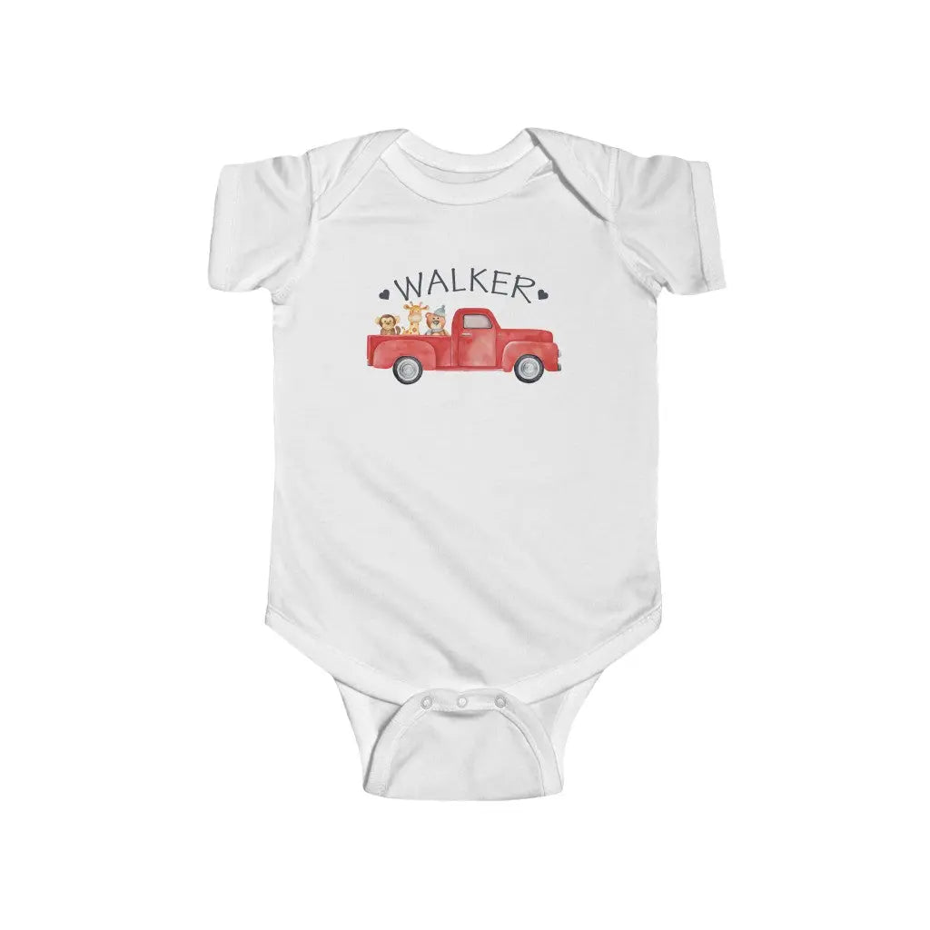 Red Pickup Truck Personalized with Animals Infant Bodysuit Onesie Printify