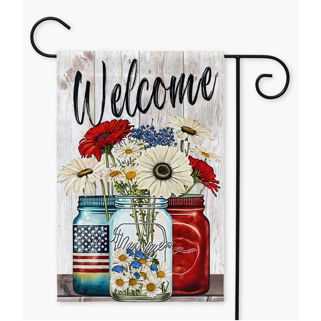 Red White and Blue Flowers Welcome Garden Flag Amazing Faith Designs