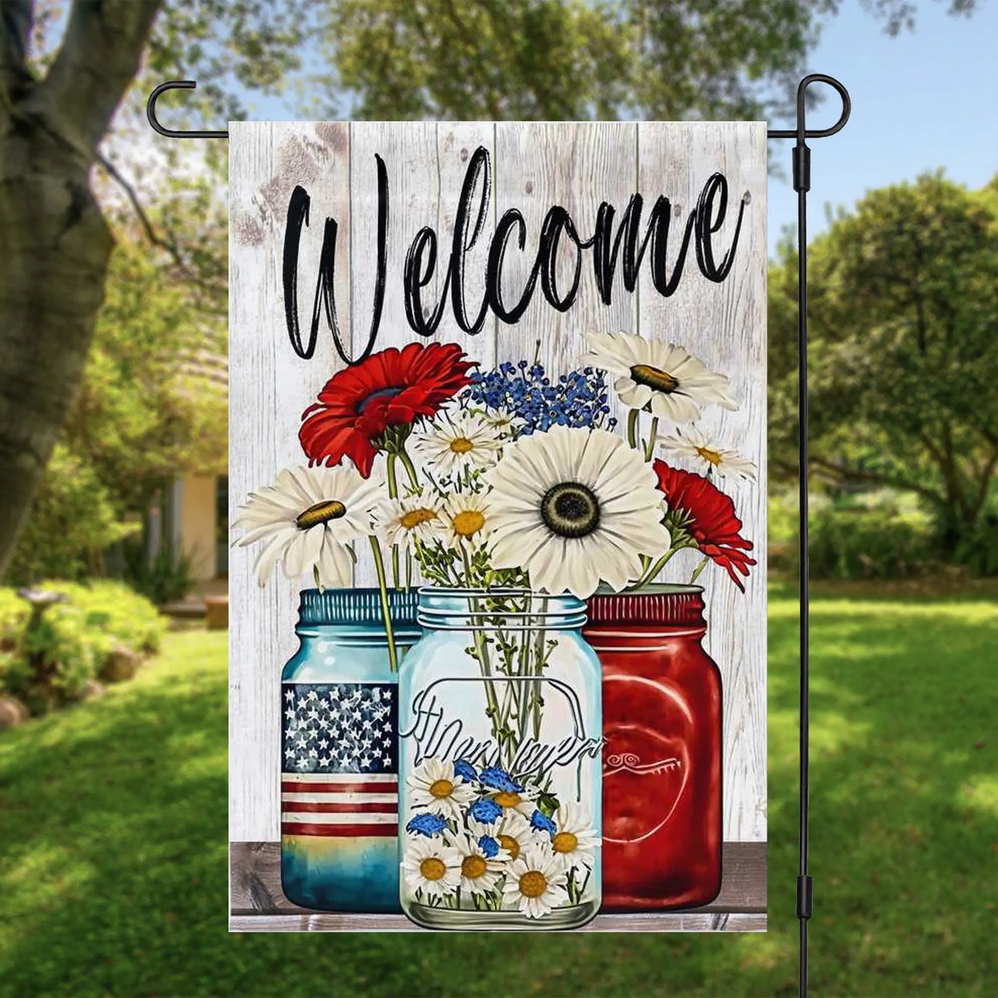 Red White and Blue Flowers Welcome Garden Flag Amazing Faith Designs