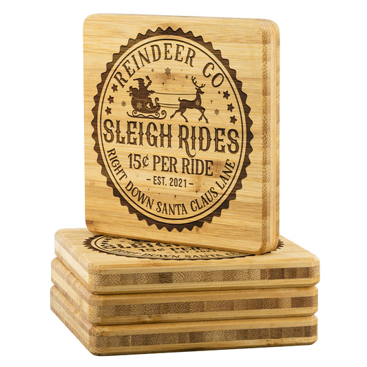 Reindeer Co Sleigh Rides Bamboo Coasters - Set of 4, Christmas Coasters teelaunch