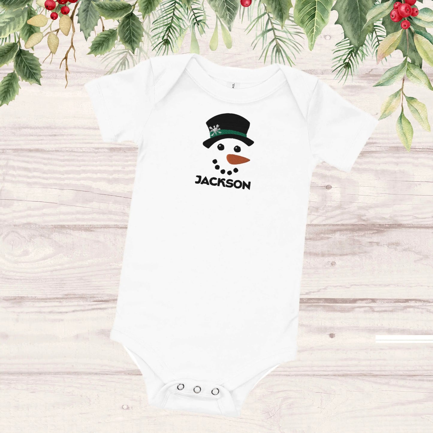Snowman Boy Personalized Embroidered Baby Onesie, Custom Name Embroidery Amazing Faith Designs