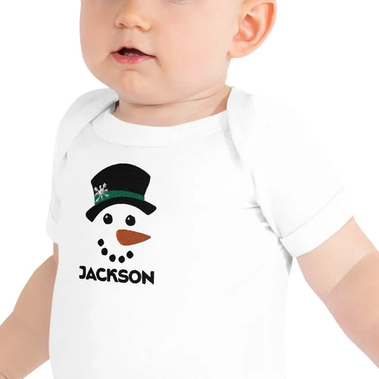 Snowman Boy Personalized Embroidered Baby Onesie, Custom Name Embroidery Amazing Faith Designs