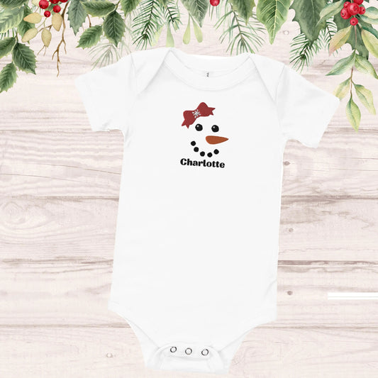 Snowman Girl Personalized Embroidered Baby Onesie, Custom Name Embroidery Amazing Faith Designs