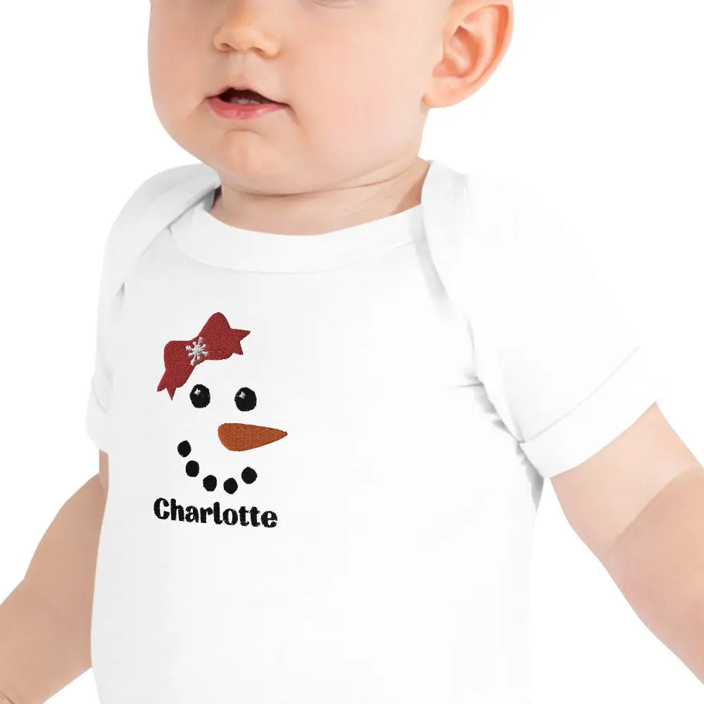 Snowman Girl Personalized Embroidered Baby Onesie, Custom Name Embroidery Amazing Faith Designs