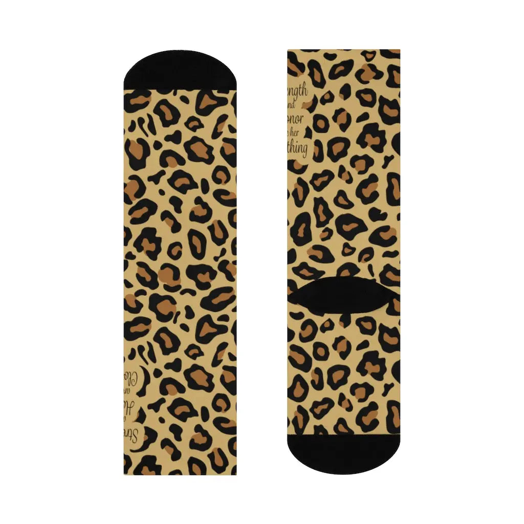 Strength and Honor are her Clothing Christian Socks | Leopard Print Socks Printify