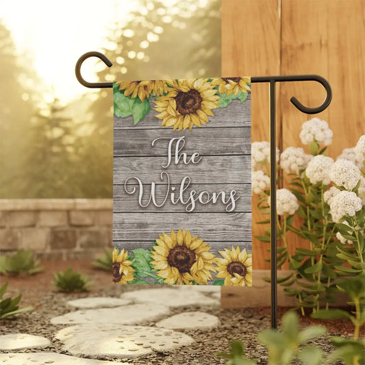Sunflowers Rustic Family Name Garden Flag - Personalized Printify
