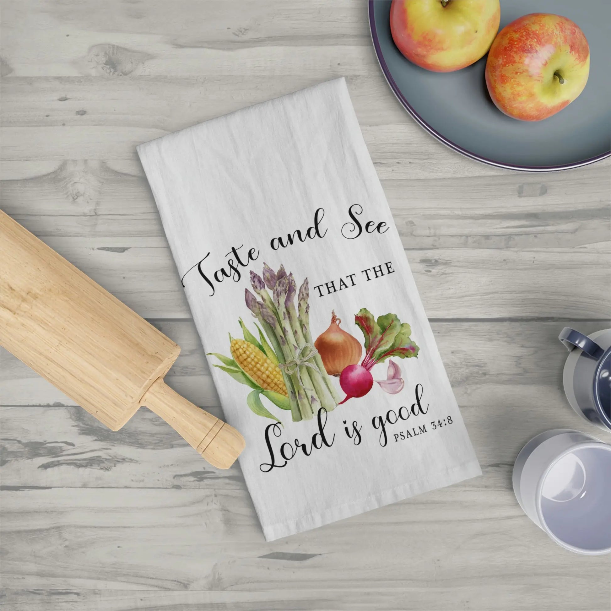Taste and See Vegetables Tea Towel, Scripture Kitchen Towel, Farmhouse Dish Towel, Cute Kitchen Towel, Christian Gift, Psalm 34:8 Printify