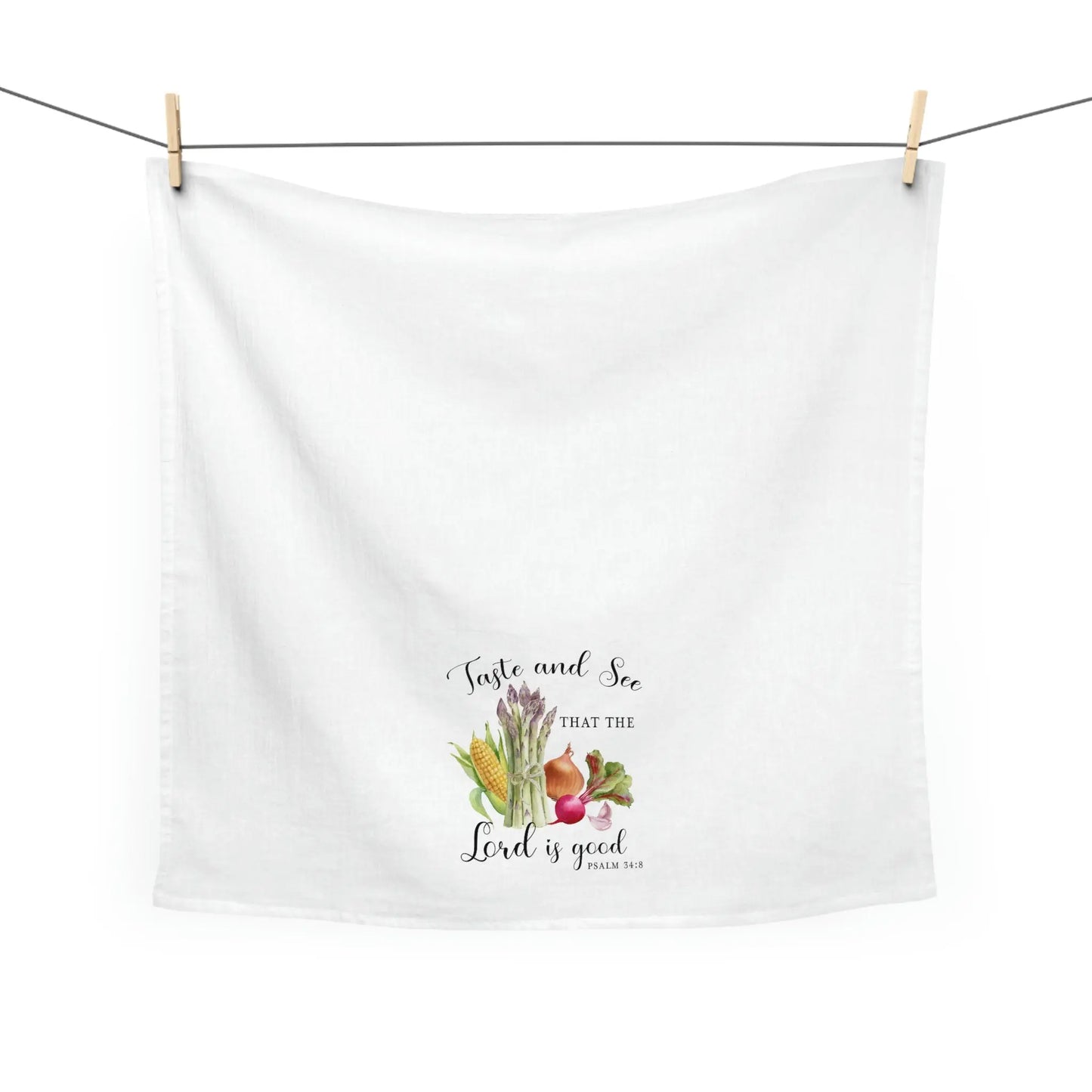 Taste and See Vegetables Tea Towel, Scripture Kitchen Towel, Farmhouse Dish Towel, Cute Kitchen Towel, Christian Gift, Psalm 34:8 Printify