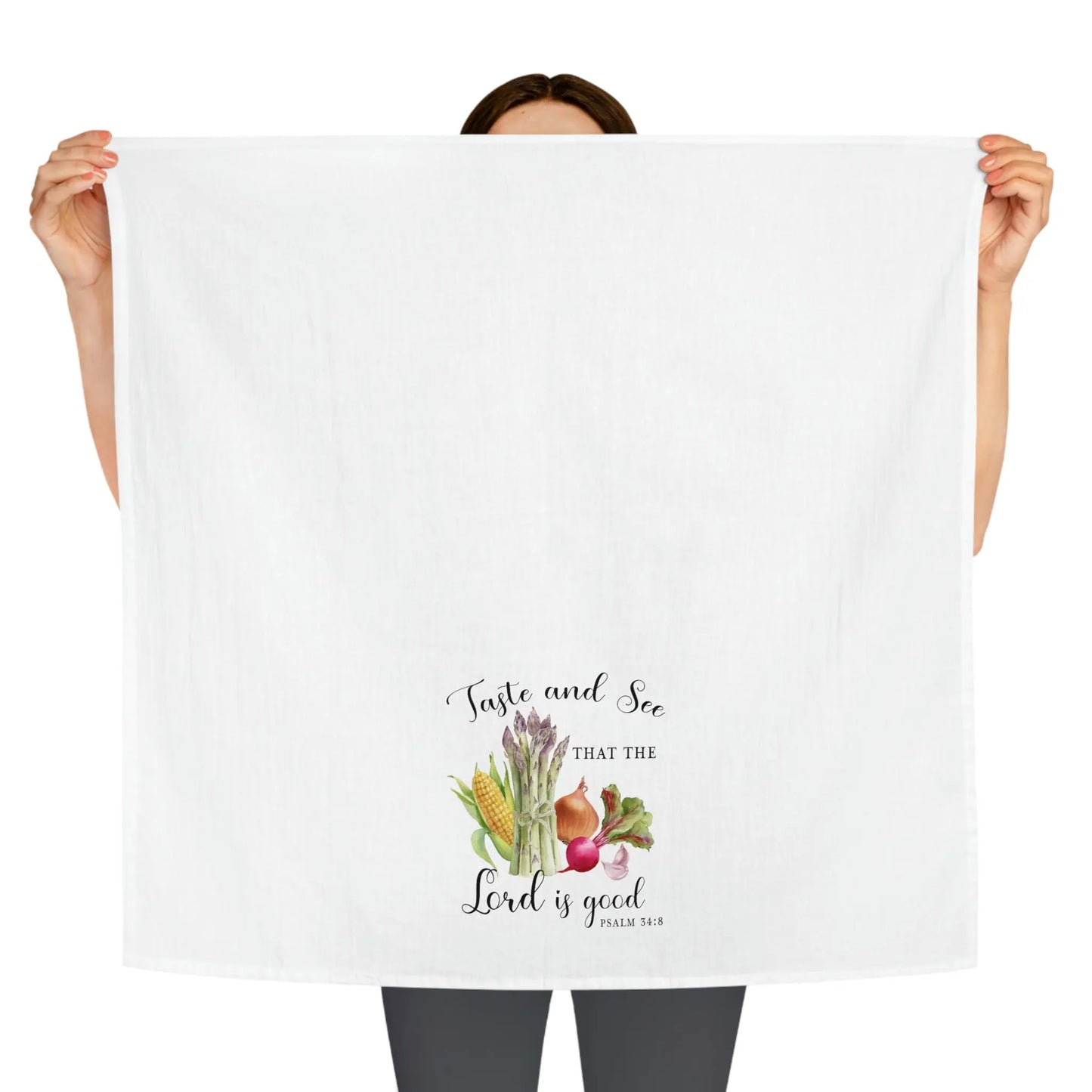 Taste and See Vegetables Tea Towel, Scripture Kitchen Towel, Farmhouse Dish Towel, Cute Kitchen Towel, Christian Gift, Psalm 34:8 Printify