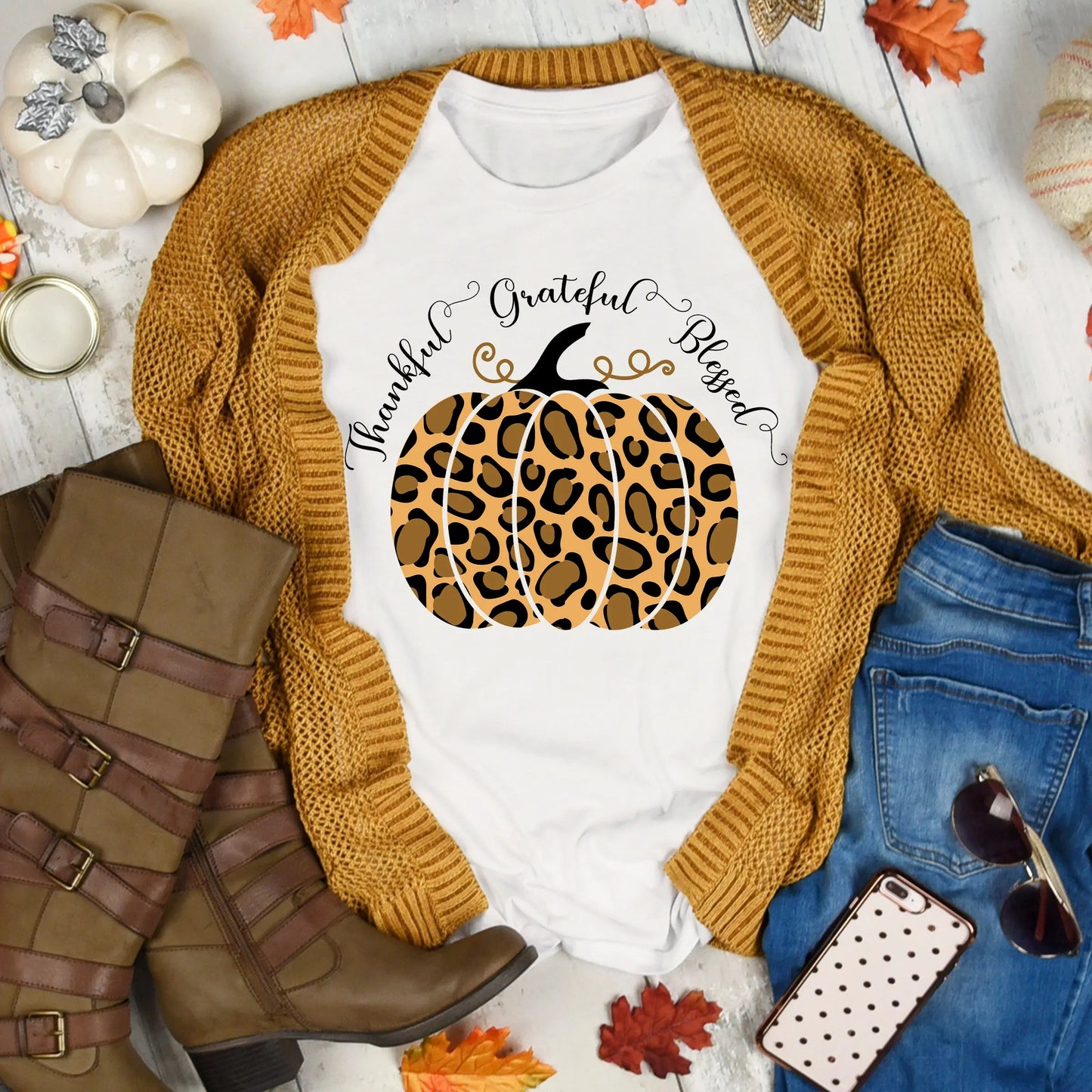 Thankful Grateful Blessed Pumpkin Tee Printify