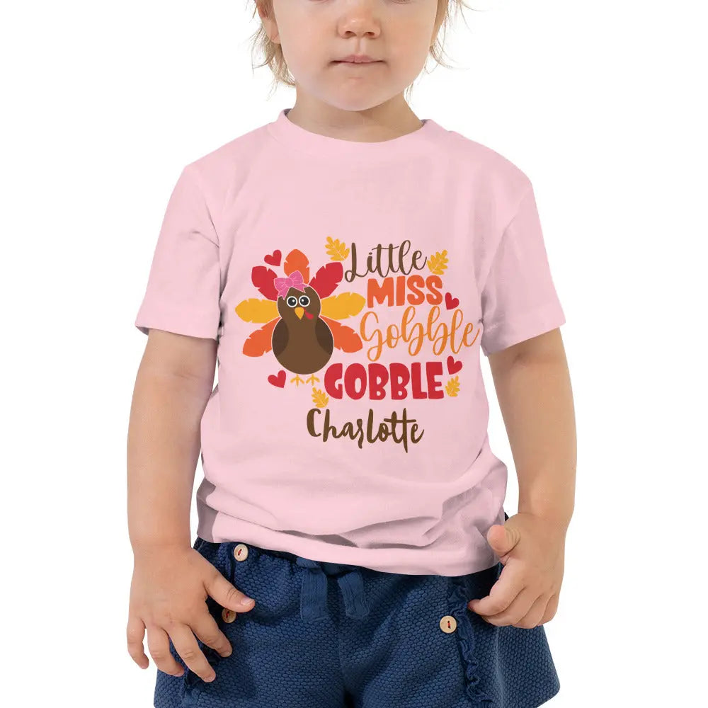 Thanksgiving Toddler Girls Short Sleeve Tee - Little Miss Gobble Gobble, Personalized Amazing Faith Designs