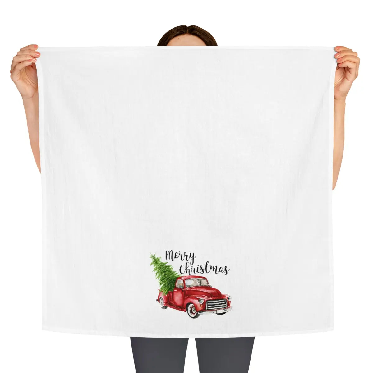 Vintage Truck Christmas Kitchen Tea Towel, Holiday Kitchen Towel, Christmas Dish Towel, Red Truck Holiday Towel Printify
