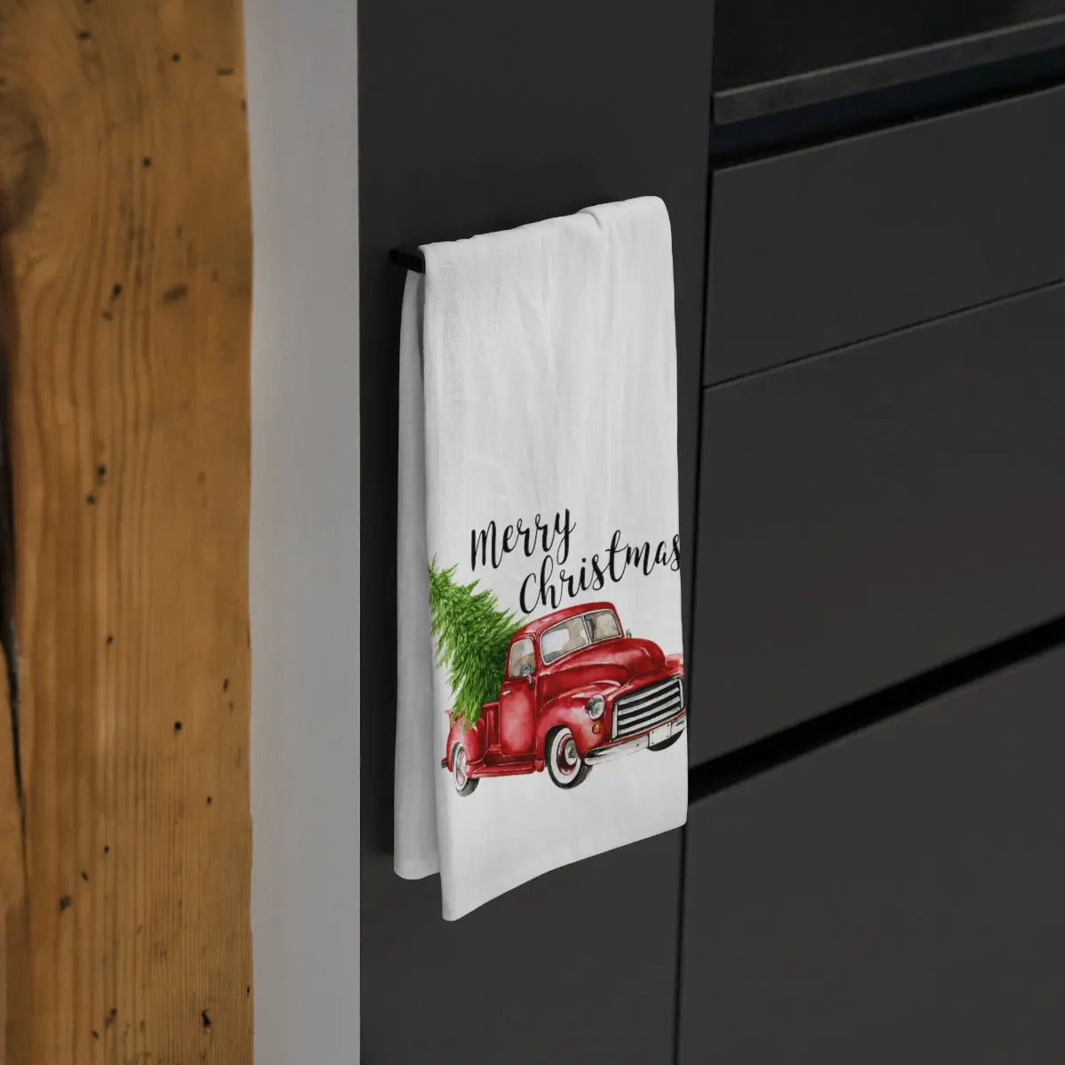 Vintage Truck Christmas Kitchen Tea Towel, Holiday Kitchen Towel, Christmas Dish Towel, Red Truck Holiday Towel Printify