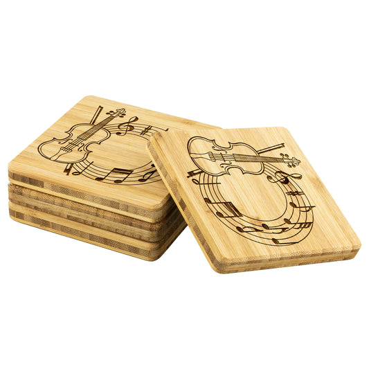 Violin Bamboo Coasters- Set of 4, Gift for Musician, Music Coasters teelaunch
