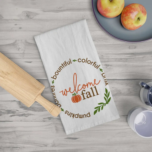 Welcome Fall Tea Towel, Fall Kitchen Towel, Farmhouse, October, Pumpkin Dish Towel, Cute Autumn Kitchen Towel Printify