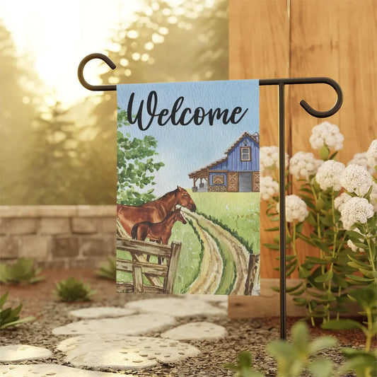 Welcome Horse Farm Garden Flag Printify