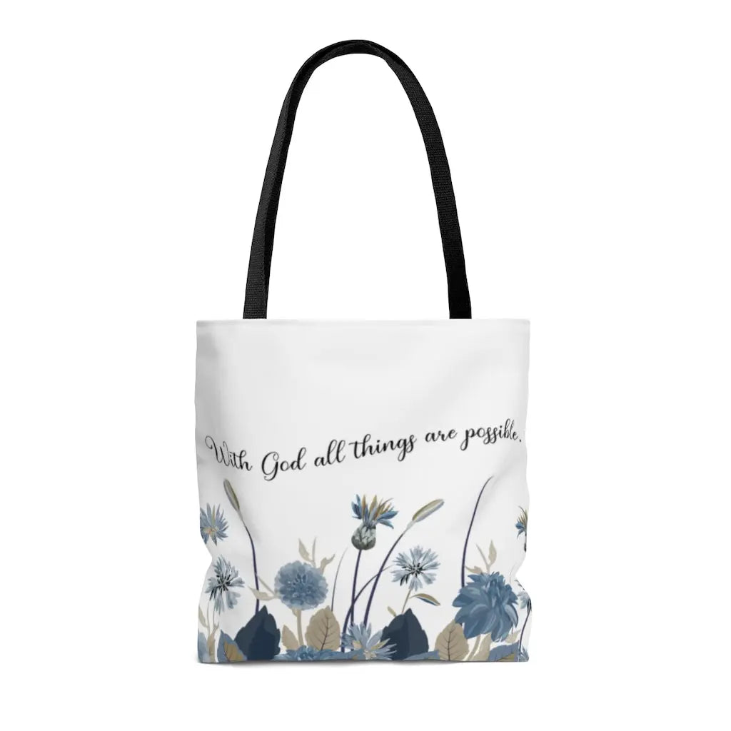 With God All Things Are Possible Blue Flower Scripture Tote Bag Printify