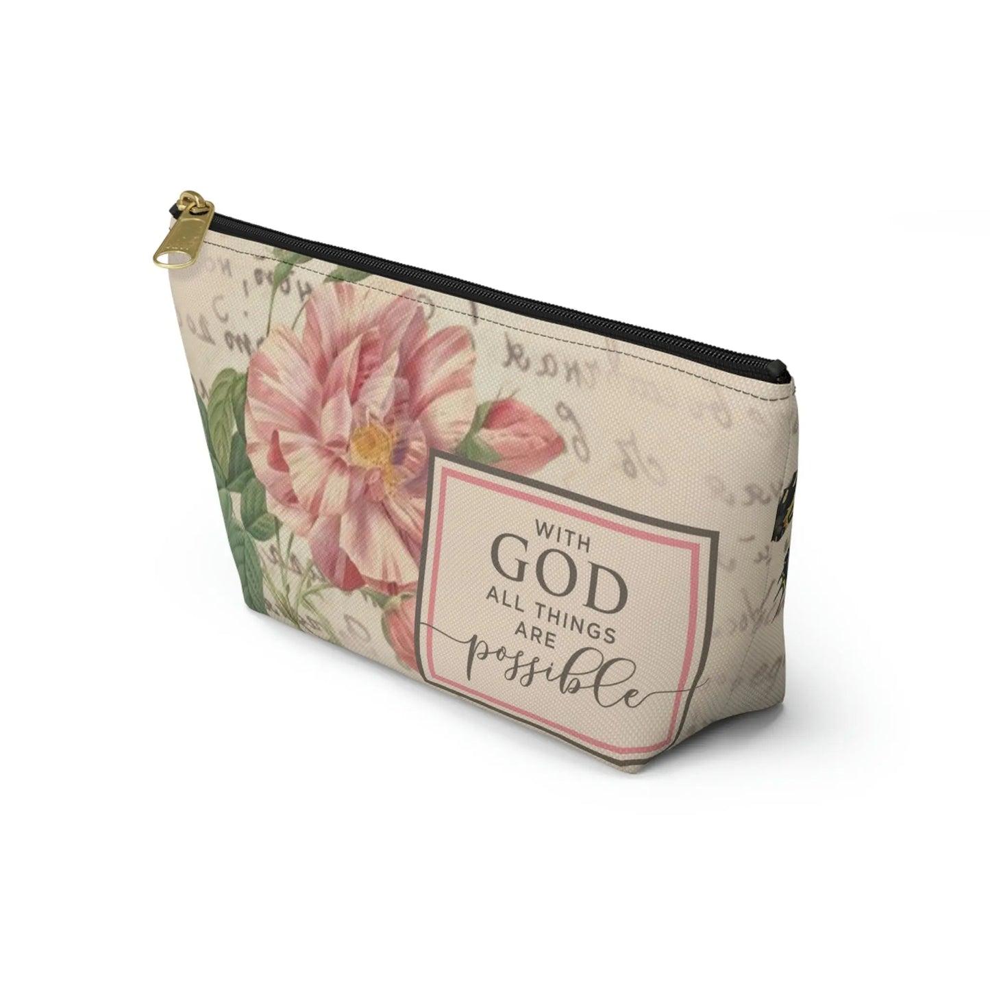 With God All Things Are Possible Makeup Accessory Pouch w T-bottom - Vintage Roses Printify