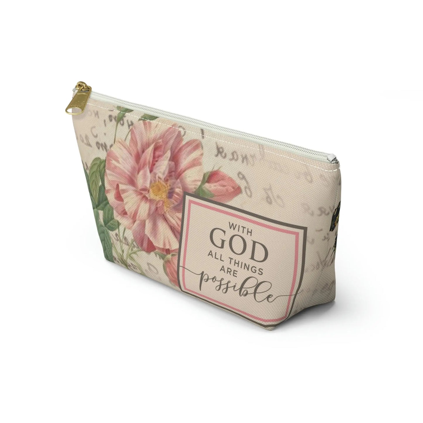 With God All Things Are Possible Makeup Accessory Pouch w T-bottom - Vintage Roses Printify