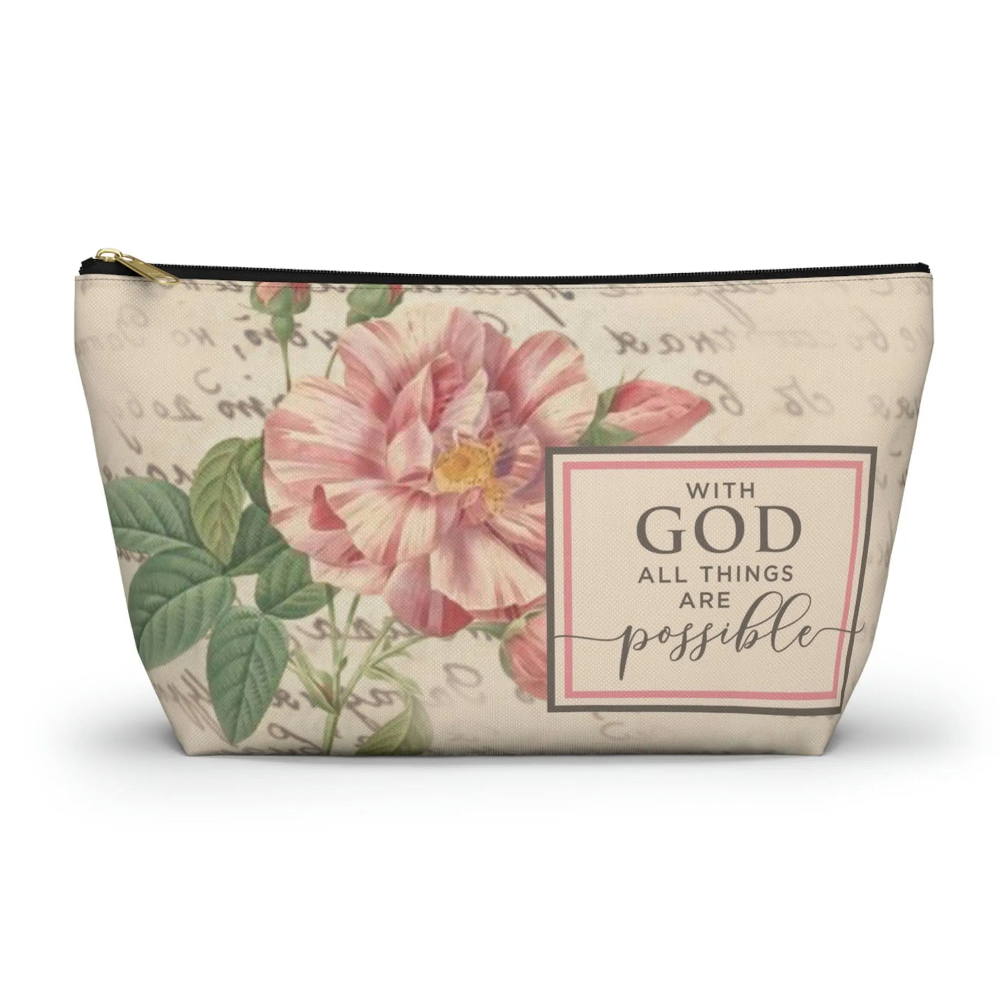 With God All Things Are Possible Makeup Accessory Pouch w T-bottom - Vintage Roses Printify