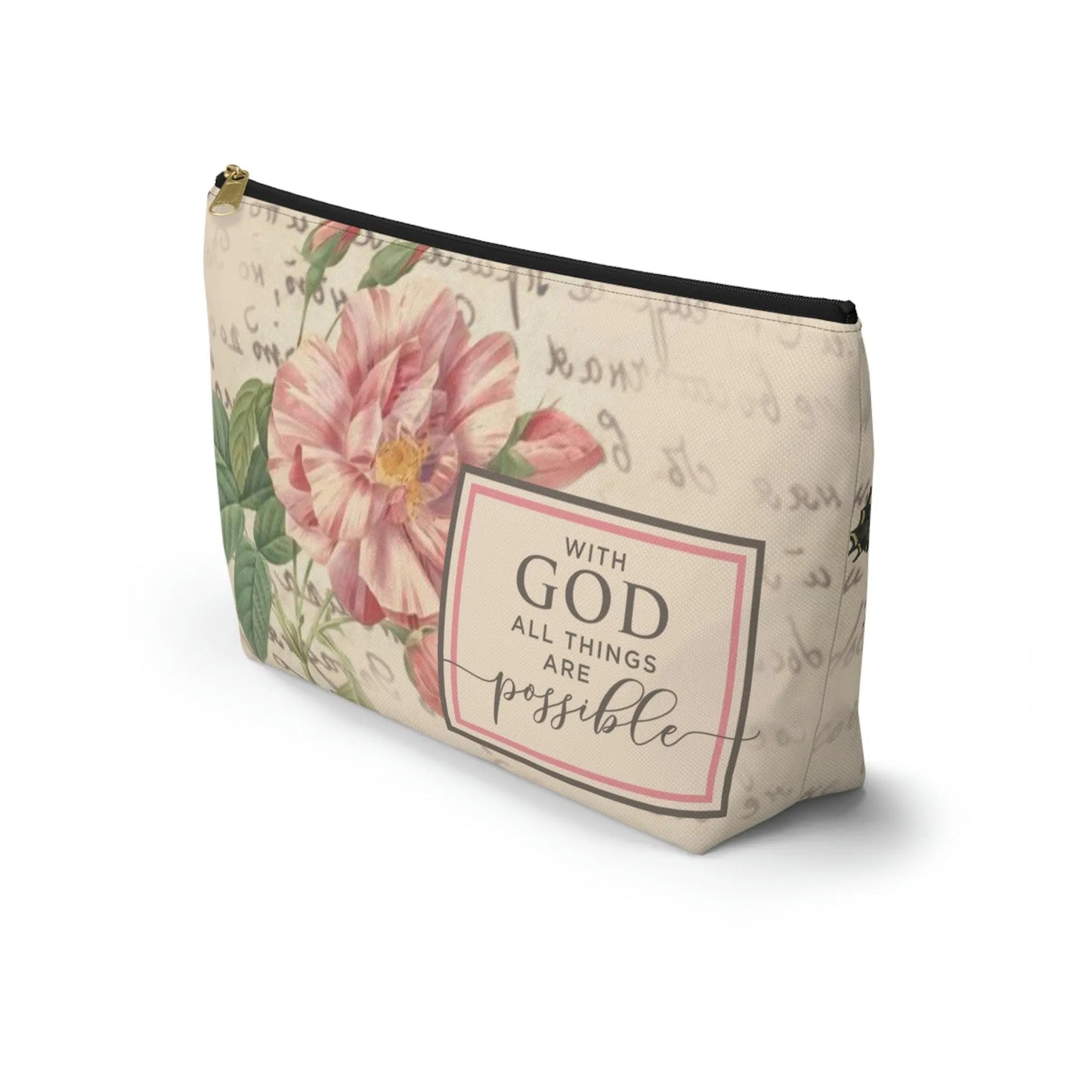 With God All Things Are Possible Makeup Accessory Pouch w T-bottom - Vintage Roses Printify