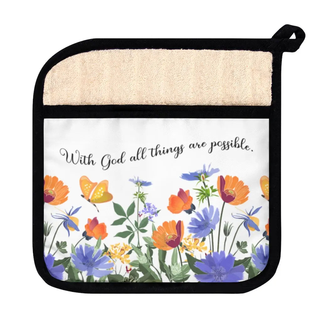 With God All Things Are Possible Orange Blue Floral Scripture Pot Holder with Pocket | Hot Pad Printify