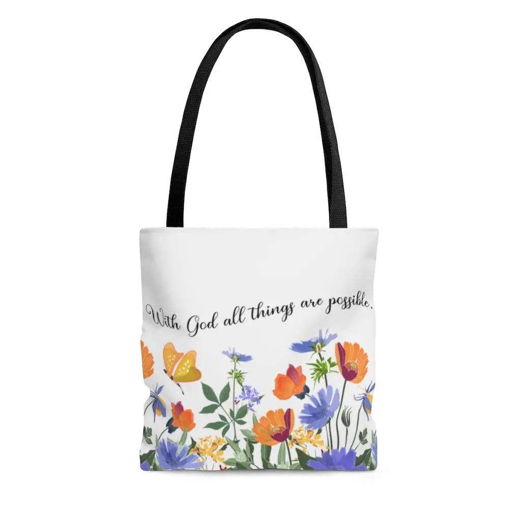 With God All Things Are Possible Orange Flower Scripture Tote Bag Printify