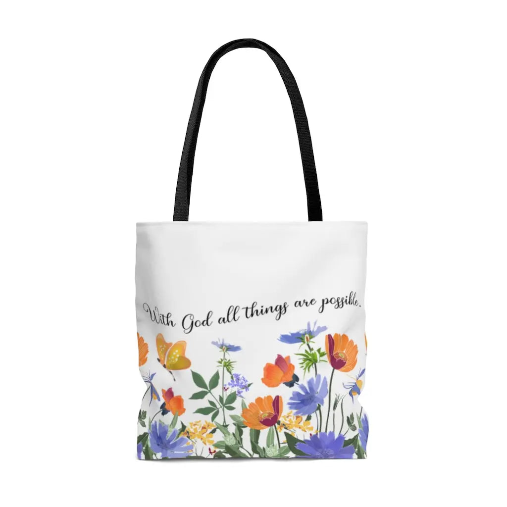 With God All Things Are Possible Orange Flower Scripture Tote Bag Printify