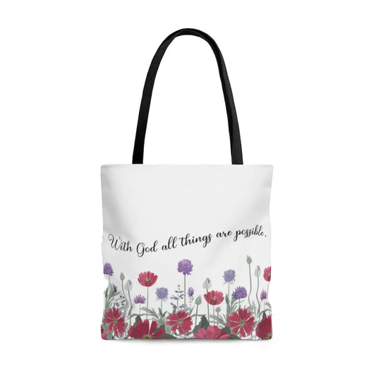 With God All Things Are Possible Red Flower Scripture Tote Bag Printify