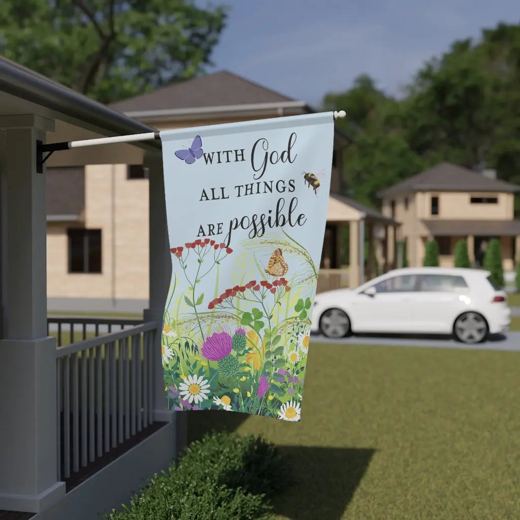 With God All Things Are Possible Summer Meadow Scripture House Flag Banner | 3 x 5 Printify