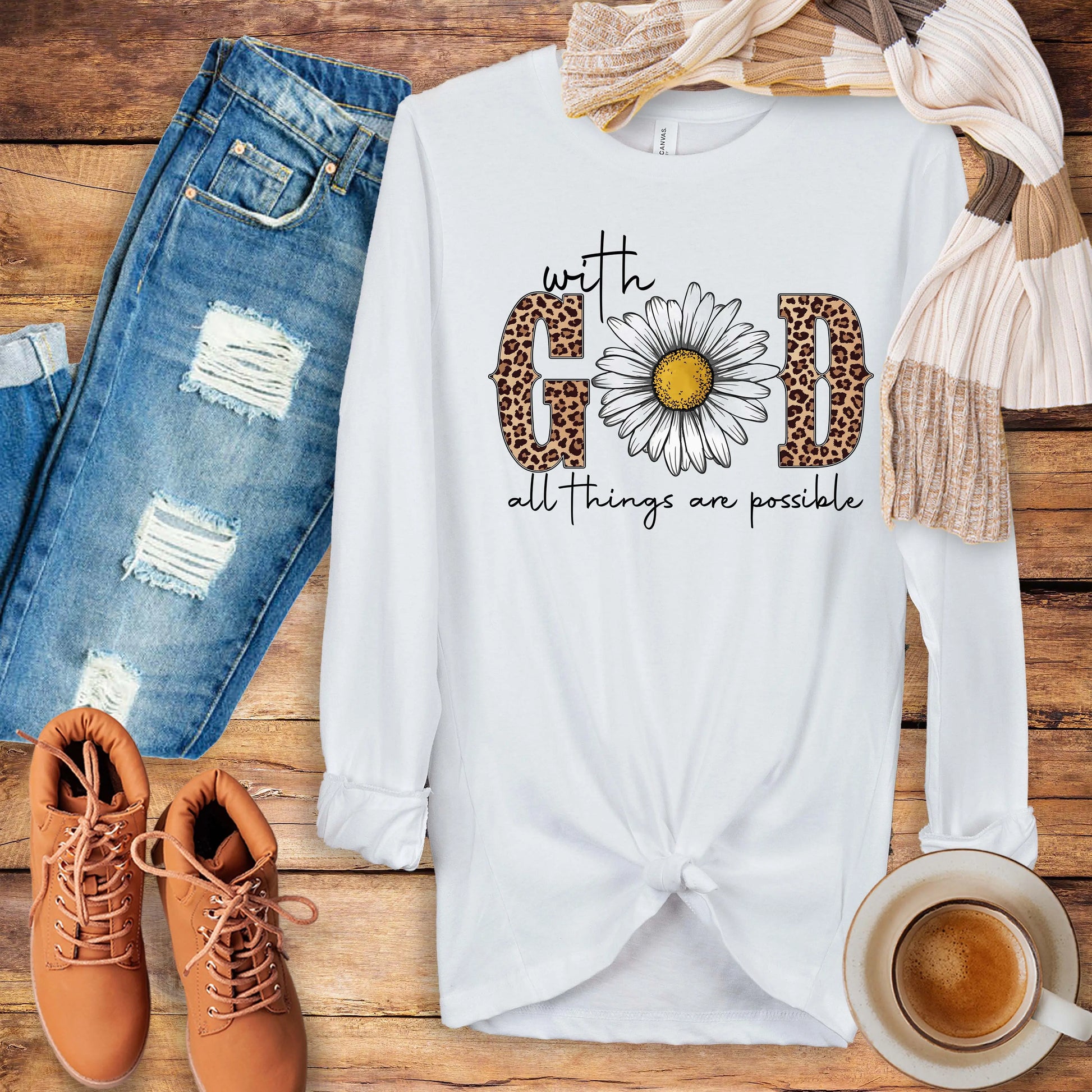With God Leopard Long Sleeve Tshirt, Scripture Tee, Christian Shirt Printify