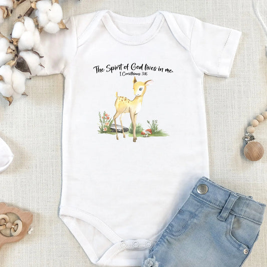 Woodland Animals Deer Scripture Personalized Baby Onesie | The Spirit of God Lives in Me I Corinthians 3:16 | Christian Baby Shower Baptism Gift Printify