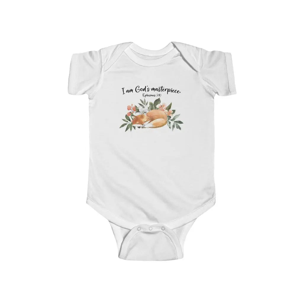 Woodland Animals Fox Scripture Personalized Baby Onesie | I am God's Masterpiece Ephesians 2:10 | Christian Baby Shower Gift Printify