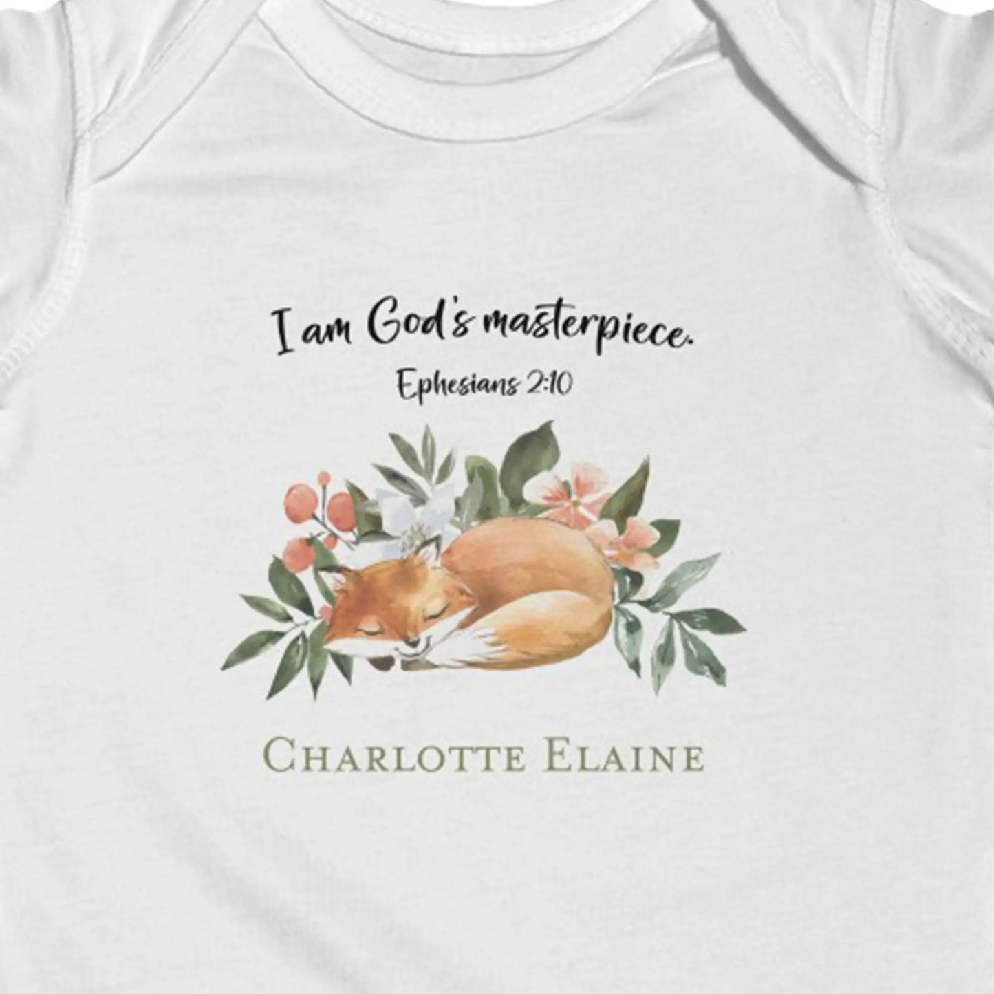 Woodland Animals Fox Scripture Personalized Baby Onesie | I am God's Masterpiece Ephesians 2:10 | Christian Baby Shower Gift Printify