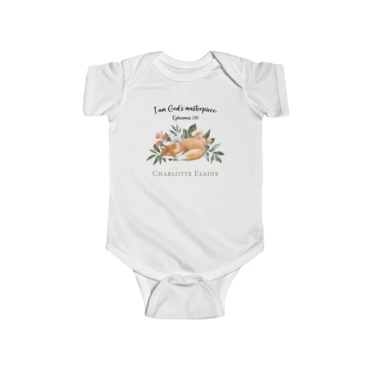 Woodland Animals Fox Scripture Personalized Baby Onesie | I am God's Masterpiece Ephesians 2:10 | Christian Baby Shower Gift Printify