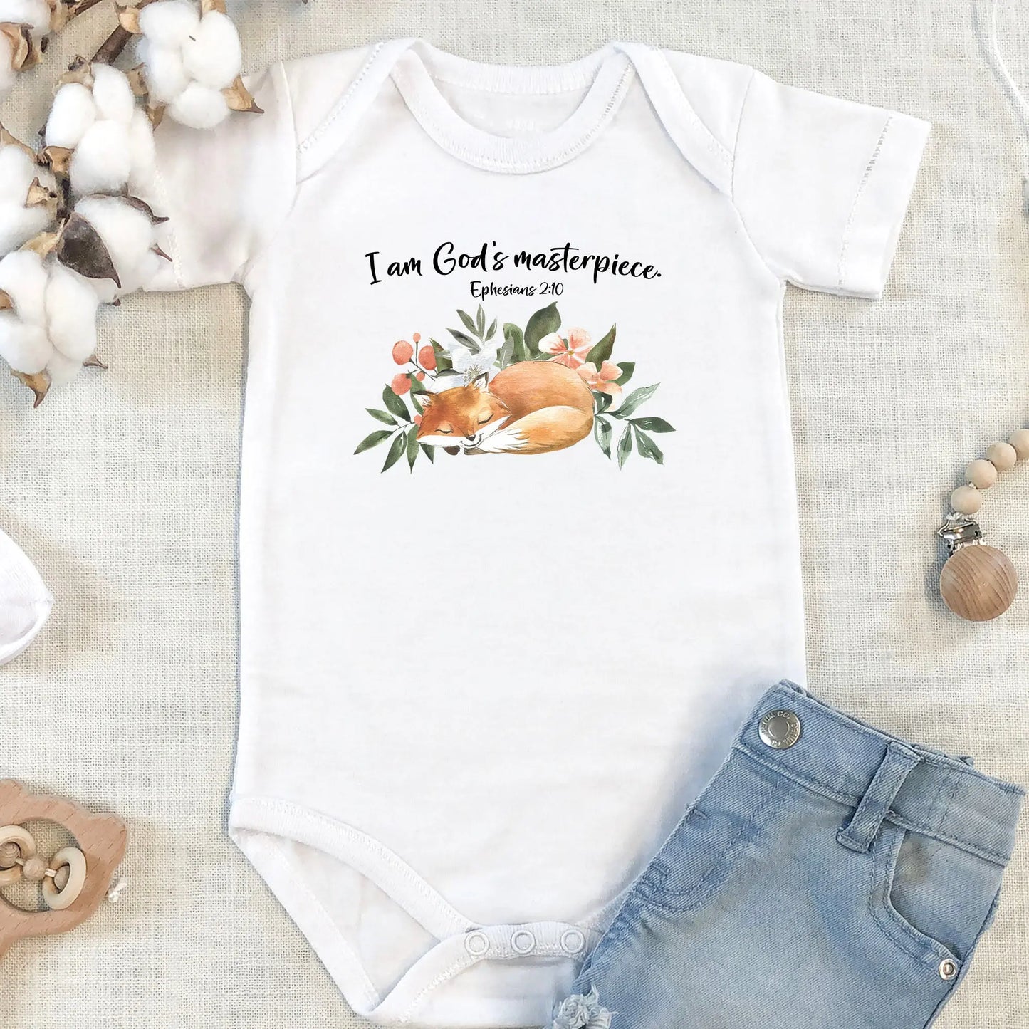 Woodland Animals Fox Scripture Personalized Baby Onesie | I am God's Masterpiece Ephesians 2:10 | Christian Baby Shower Gift Printify