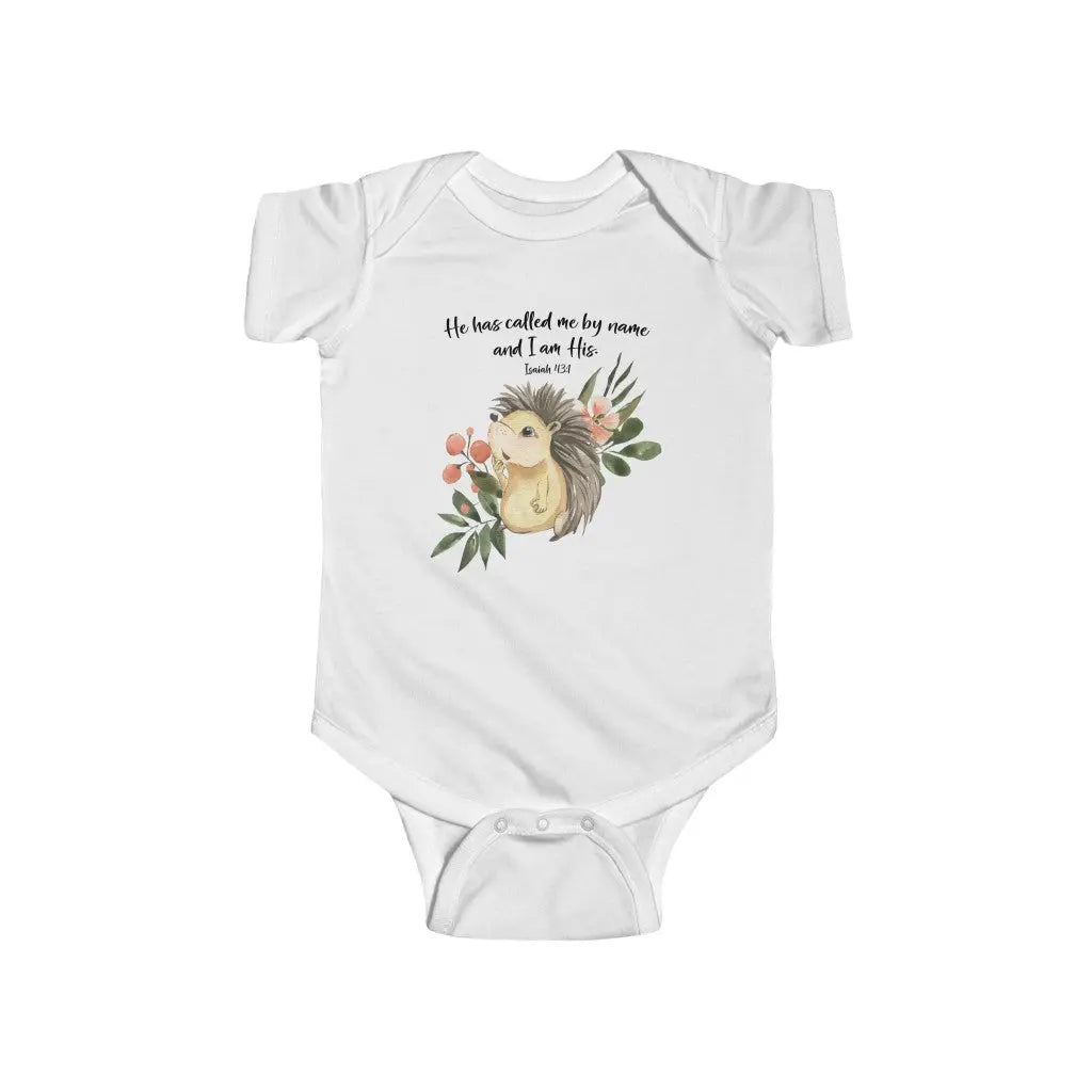 Woodland Animals Hedgehog Scripture Personalized Baby Onesie | He has Called me by Name and I am His Isaiah 43:1 | Christian Baby Shower Gift Amazing Faith Designs