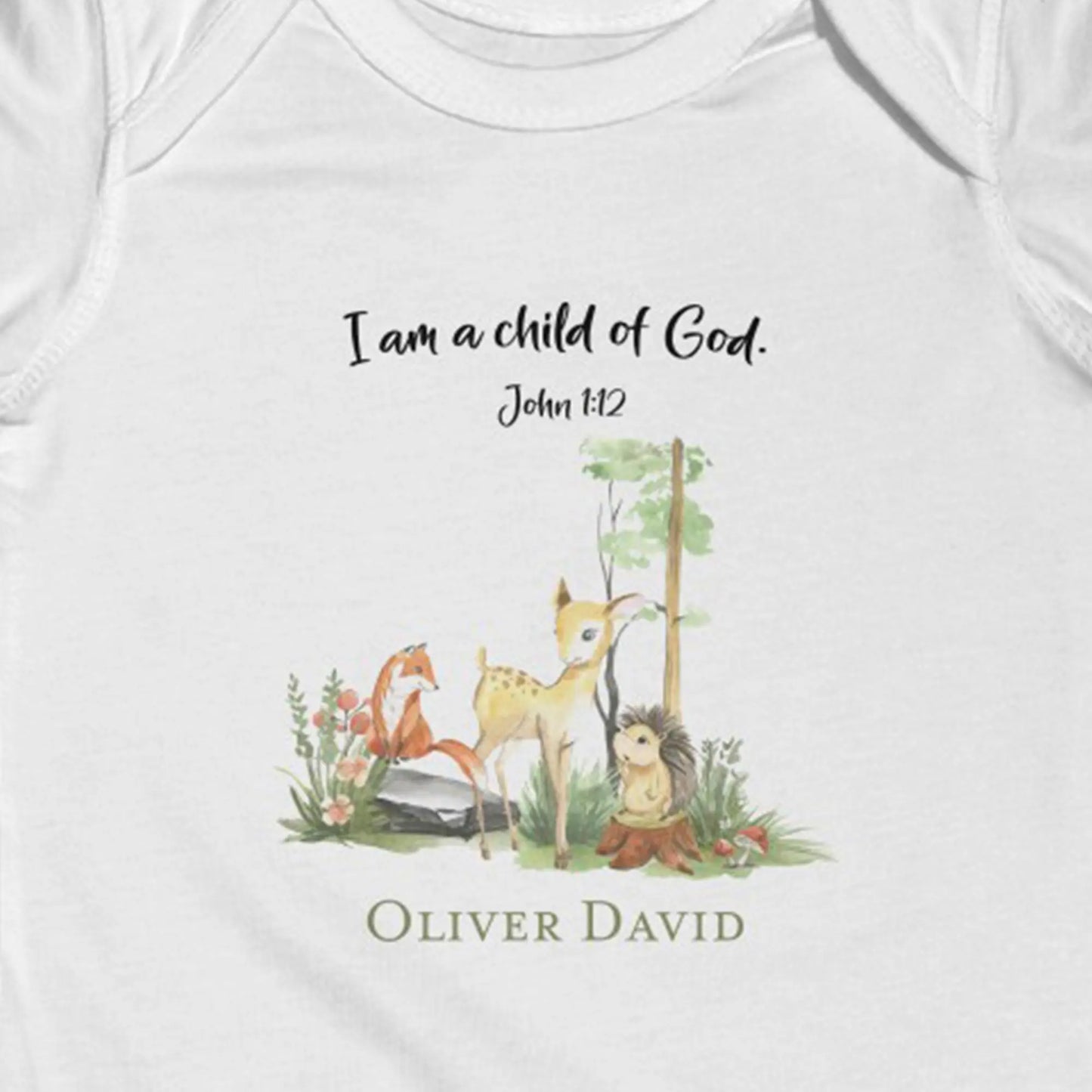 Woodland Animals I am a Child of God Personalized Baby Onesie | Christian Baby Shower Gift | Personalized Baby Gift Printify