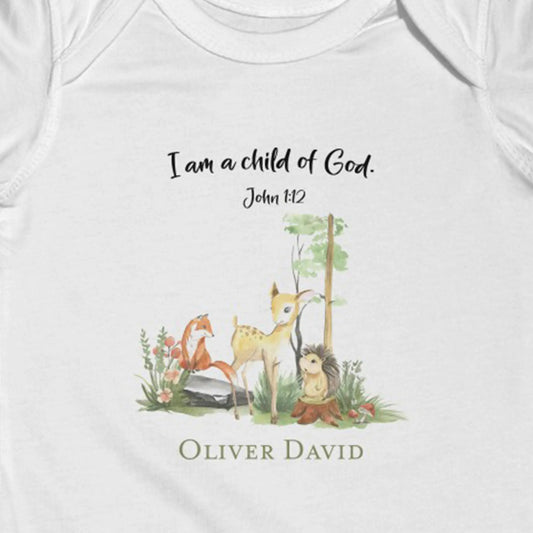 Woodland Animals I am a Child of God Personalized Baby Onesie | Christian Baby Shower Gift | Personalized Baby Gift Printify