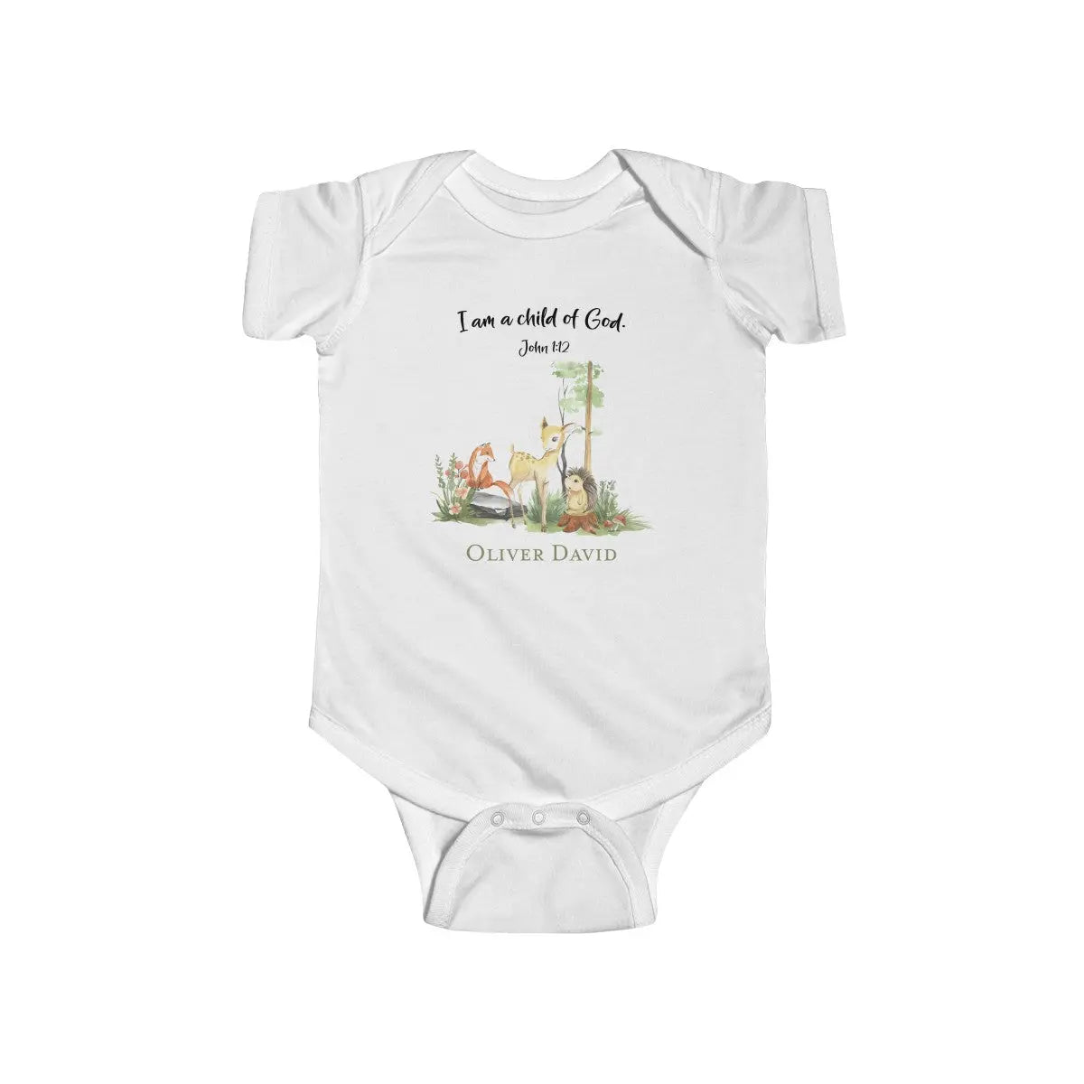 Woodland Animals I am a Child of God Personalized Baby Onesie | Christian Baby Shower Gift | Personalized Baby Gift Printify