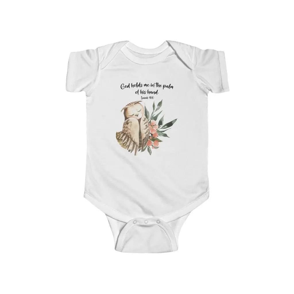 Woodland Animals Owl Scripture Personalized Baby Onesie | God Holds Me in the Palm of His Hand Isaiah 41:10 | Christian Baby Shower Gift Printify